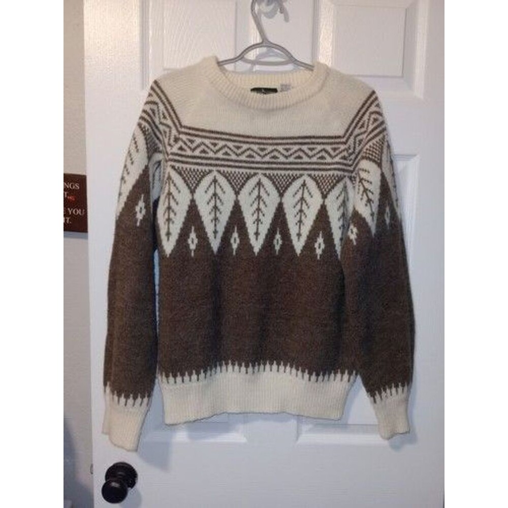 Boundary Waters Mens Sweater Fair Isle XL Cream Brown Wool Blend Crewneck